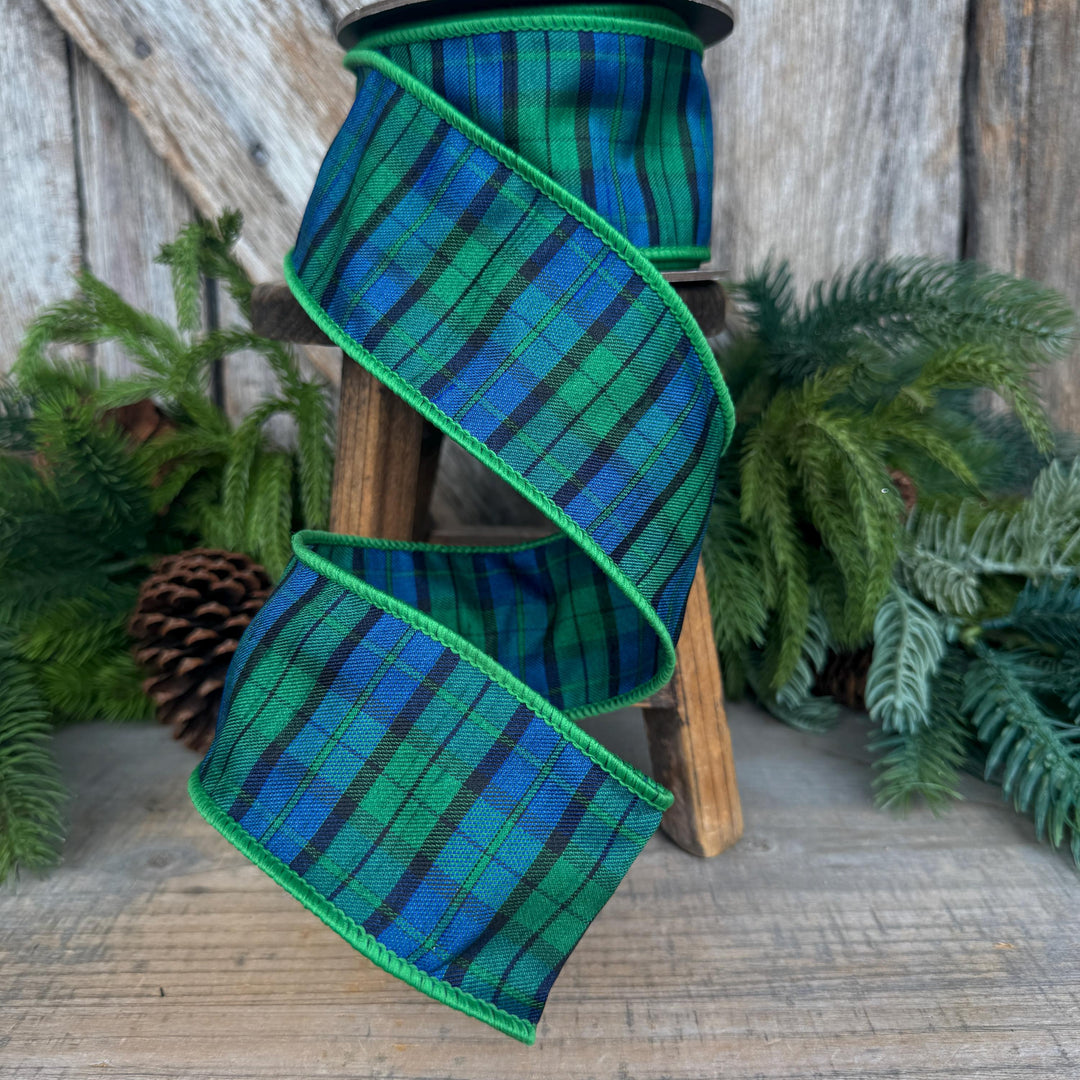 2.5" Blue Green Christmas Plaid Ribbon, Black Watch Plaid Ribbon, Navy Blue Plaid