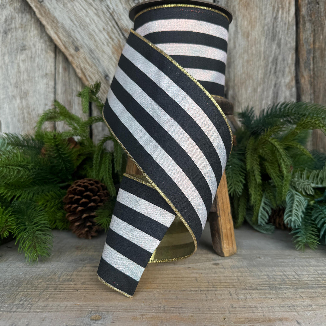 4" Black and White Sparkle Stripe Ribbon