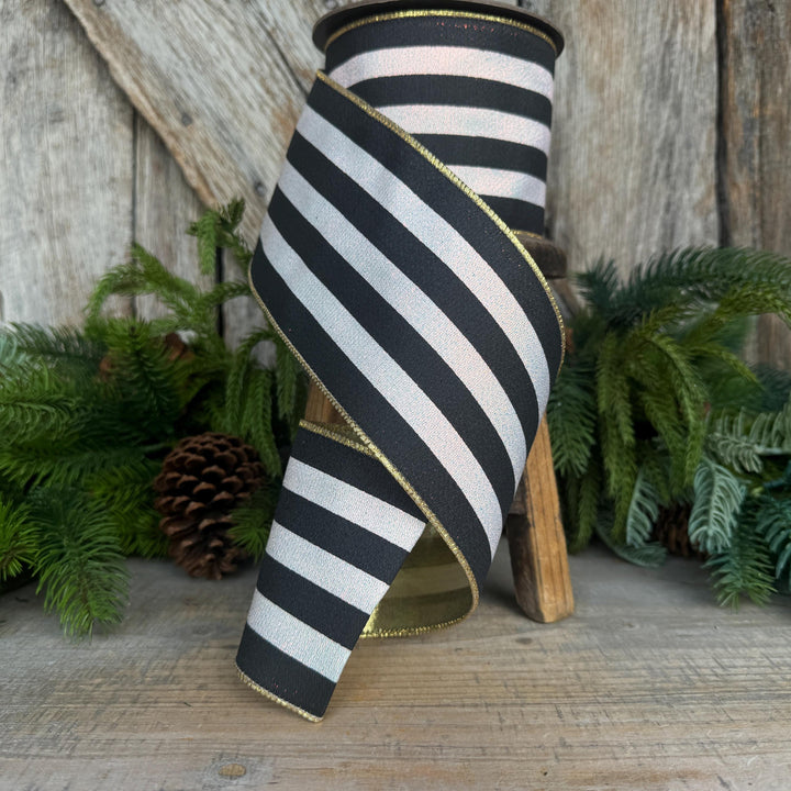 4" Black and White Sparkle Stripe Ribbon