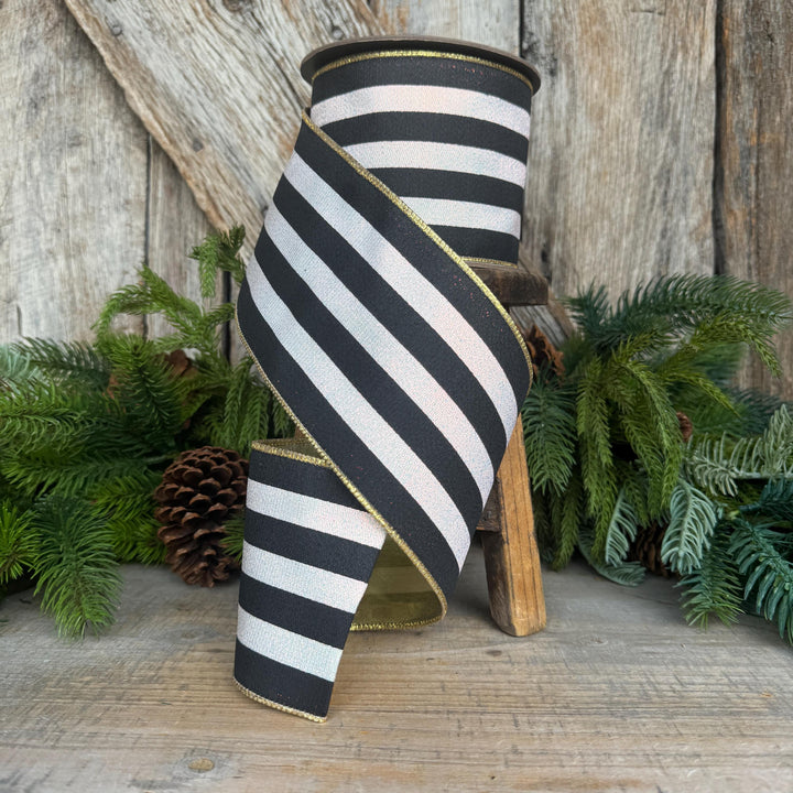 4" Black and White Sparkle Stripe Ribbon