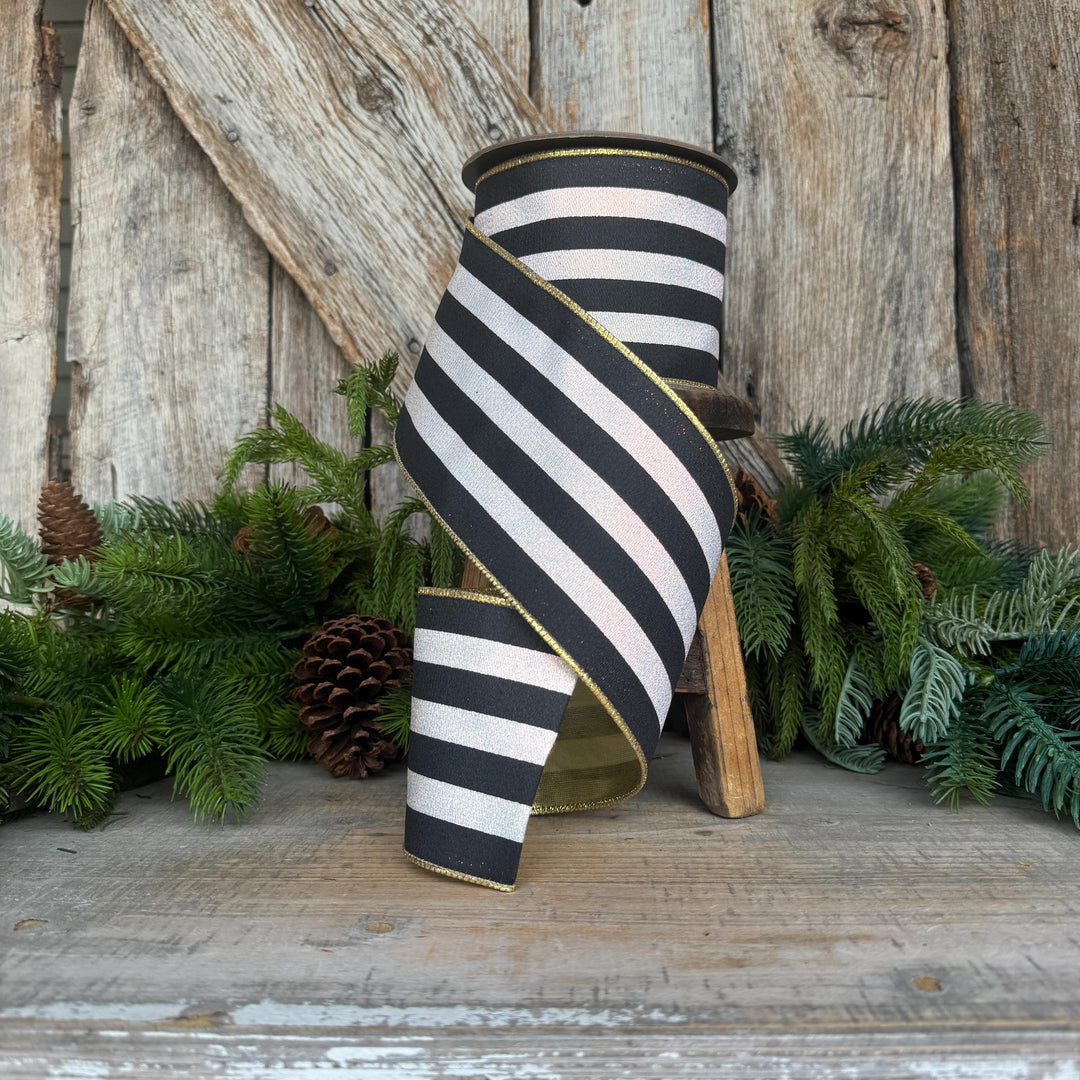 4" Black and White Sparkle Stripe Ribbon