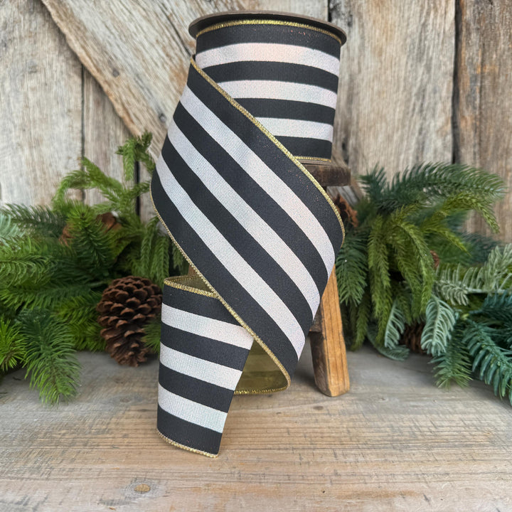 4" Black and White Sparkle Stripe Ribbon