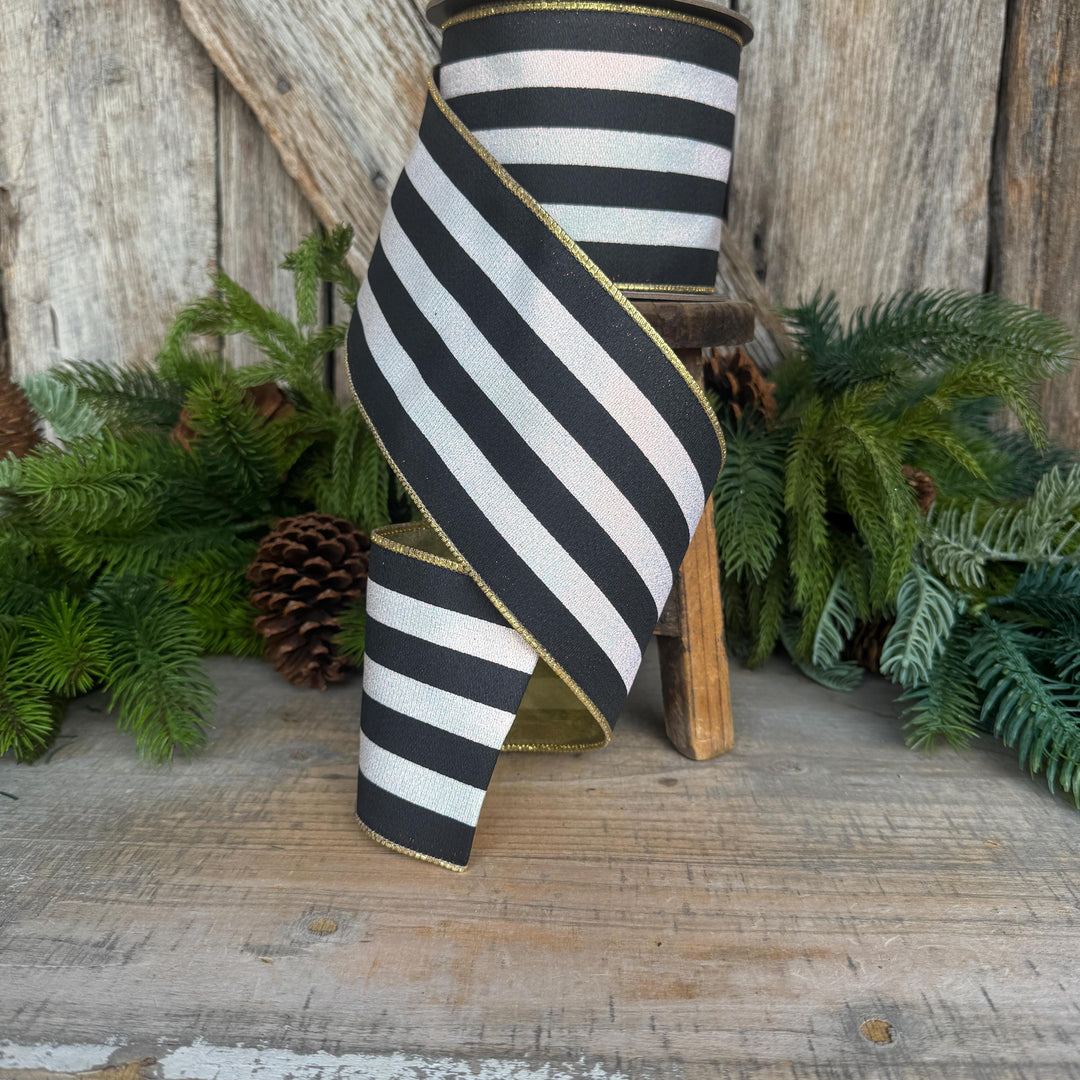 4" Black and White Sparkle Stripe Ribbon