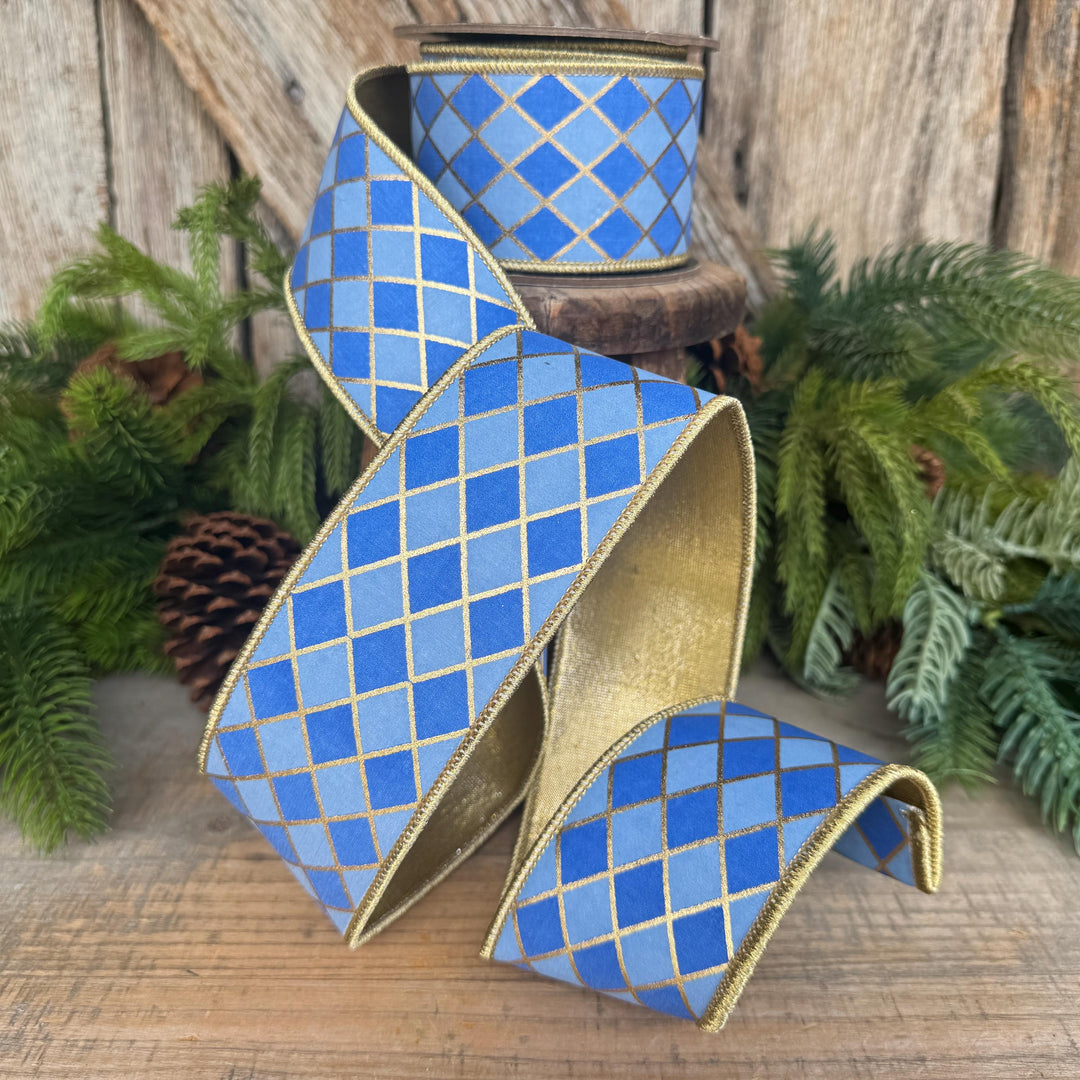 2.5" French Blue Harlequin Ribbon, Wired Ribbon, Designer Ribbon