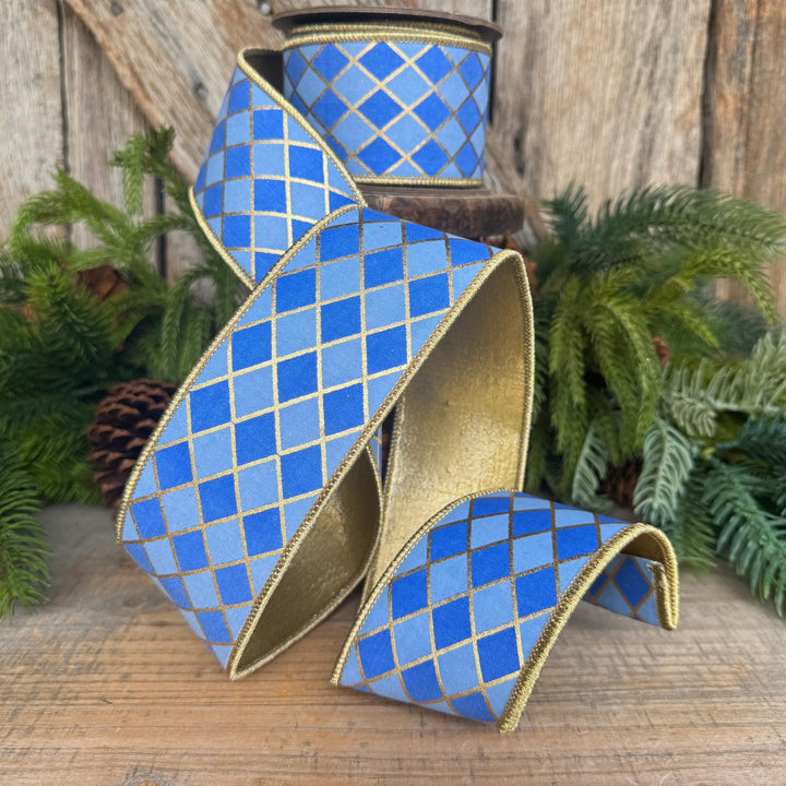 2.5" French Blue Harlequin Ribbon, Wired Ribbon, Designer Ribbon