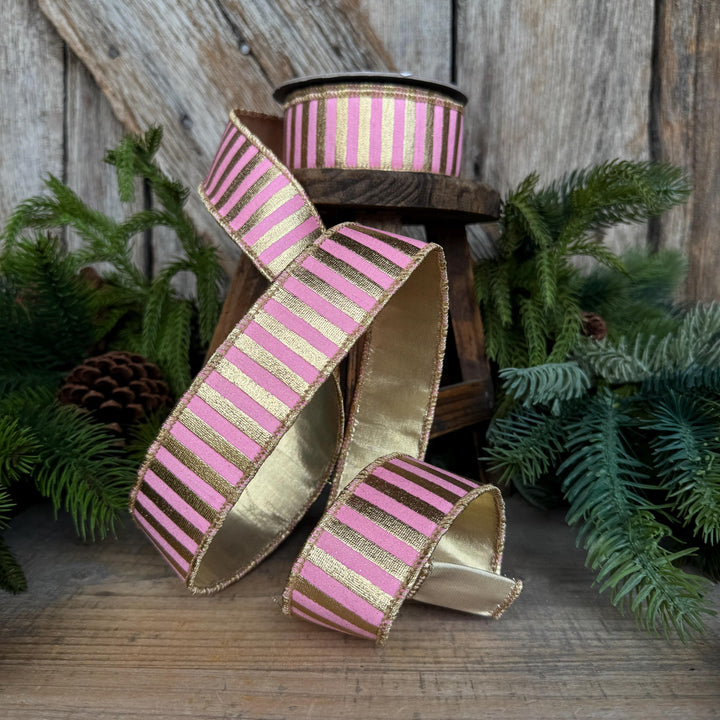 1.5" Pink Gold Ribbon, Pink &amp; Gold Stripe Ribbon, CHristmas Ribbon, Pink Ribbon, Metallic Gold, Christmas Tree Ribbon, Gift Wrap