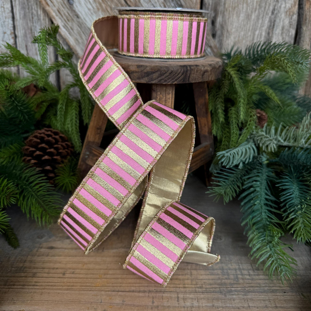 1.5" Pink Gold Ribbon, Pink &amp; Gold Stripe Ribbon, CHristmas Ribbon, Pink Ribbon, Metallic Gold, Christmas Tree Ribbon, Gift Wrap