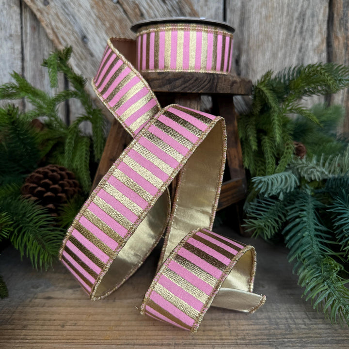 1.5" Pink Gold Ribbon, Pink &amp; Gold Stripe Ribbon, CHristmas Ribbon, Pink Ribbon, Metallic Gold, Christmas Tree Ribbon, Gift Wrap