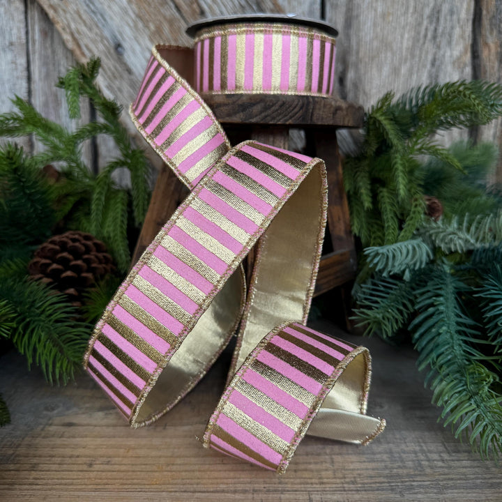 1.5" Pink Gold Ribbon, Pink &amp; Gold Stripe Ribbon, CHristmas Ribbon, Pink Ribbon, Metallic Gold, Christmas Tree Ribbon, Gift Wrap