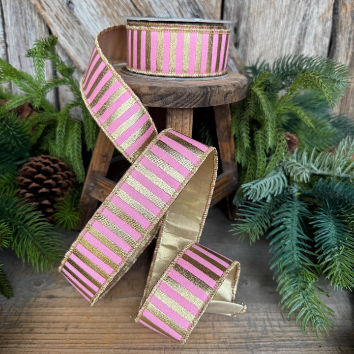 1.5" Pink Gold Ribbon, Pink &amp; Gold Stripe Ribbon, CHristmas Ribbon, Pink Ribbon, Metallic Gold, Christmas Tree Ribbon, Gift Wrap