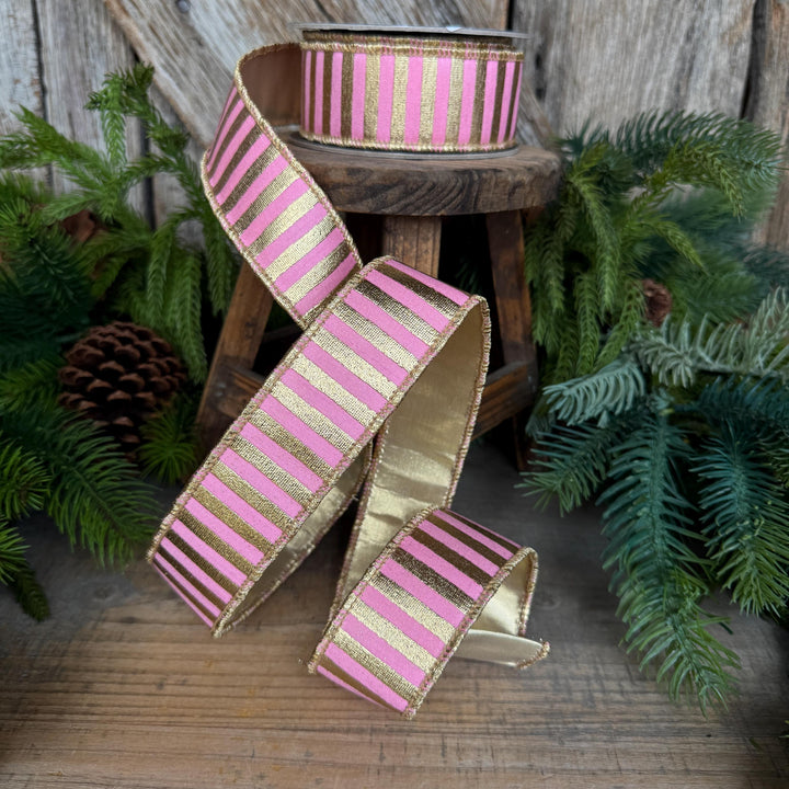 1.5" Pink Gold Ribbon, Pink &amp; Gold Stripe Ribbon