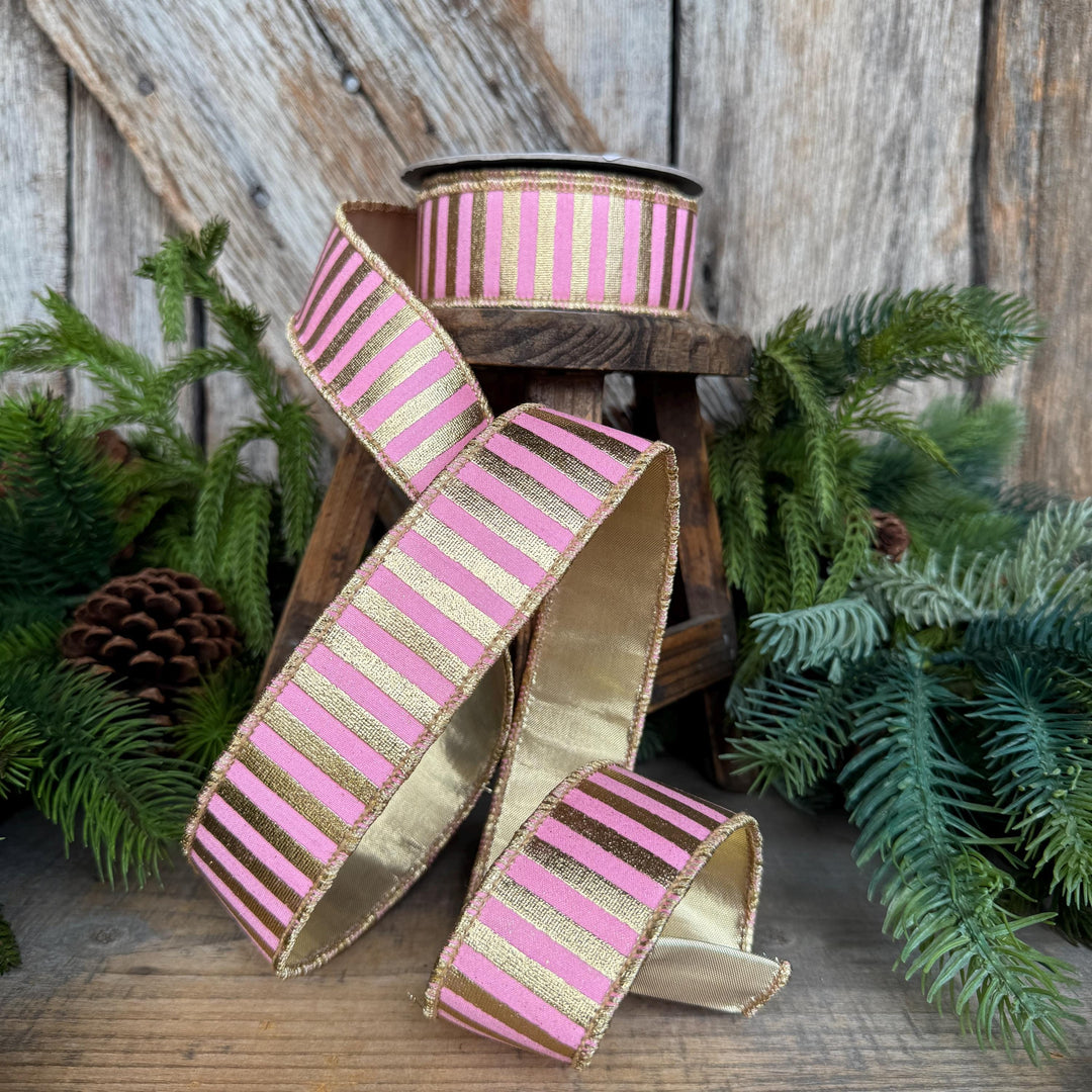 1.5" Pink Gold Ribbon, Pink &amp; Gold Stripe Ribbon, CHristmas Ribbon, Pink Ribbon, Metallic Gold, Christmas Tree Ribbon, Gift Wrap