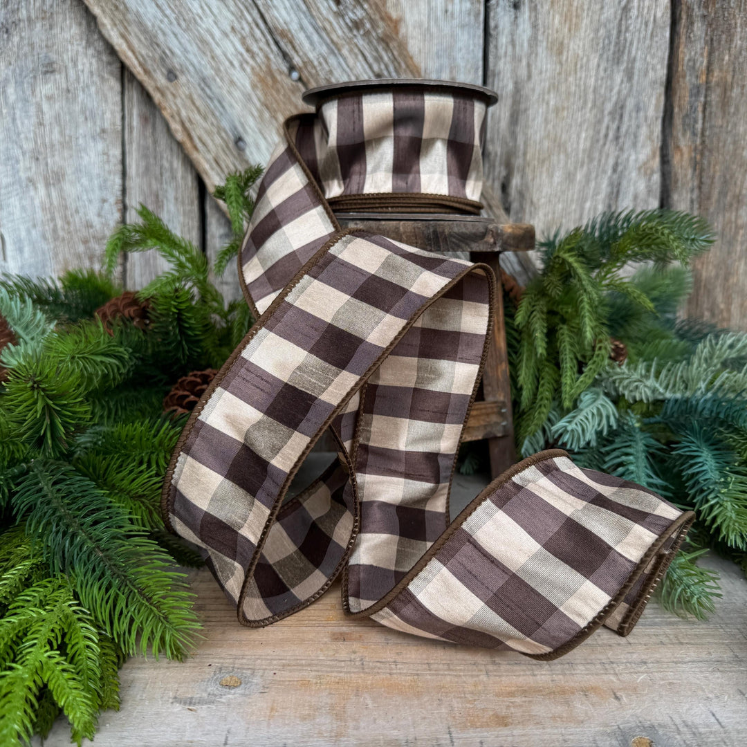 2.5" Brown Check Ribbon, Fall Ribbon, Christmas Ribbon, Woodsy Ribbon
