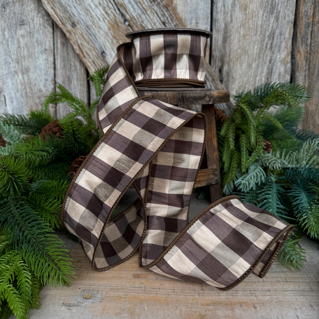 2.5" Brown Check Ribbon, Fall Ribbon, Christmas Ribbon, Woodsy Ribbon