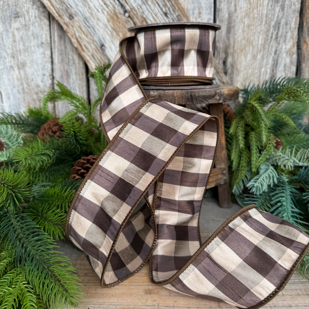 2.5" Brown Check Ribbon, Fall Ribbon, Christmas Ribbon, Woodsy Ribbon