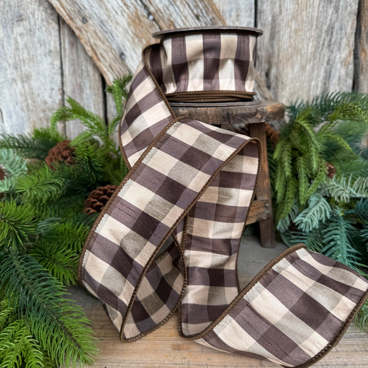 2.5" Brown Check Ribbon, Fall Ribbon, Christmas Ribbon, Woodsy Ribbon