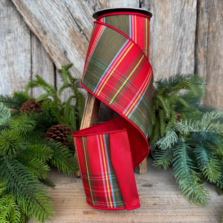 4" Traditional Christmas Plaid Ribbon, Wired Ribbon, Red Green Chirstmas Plaid RIbbon