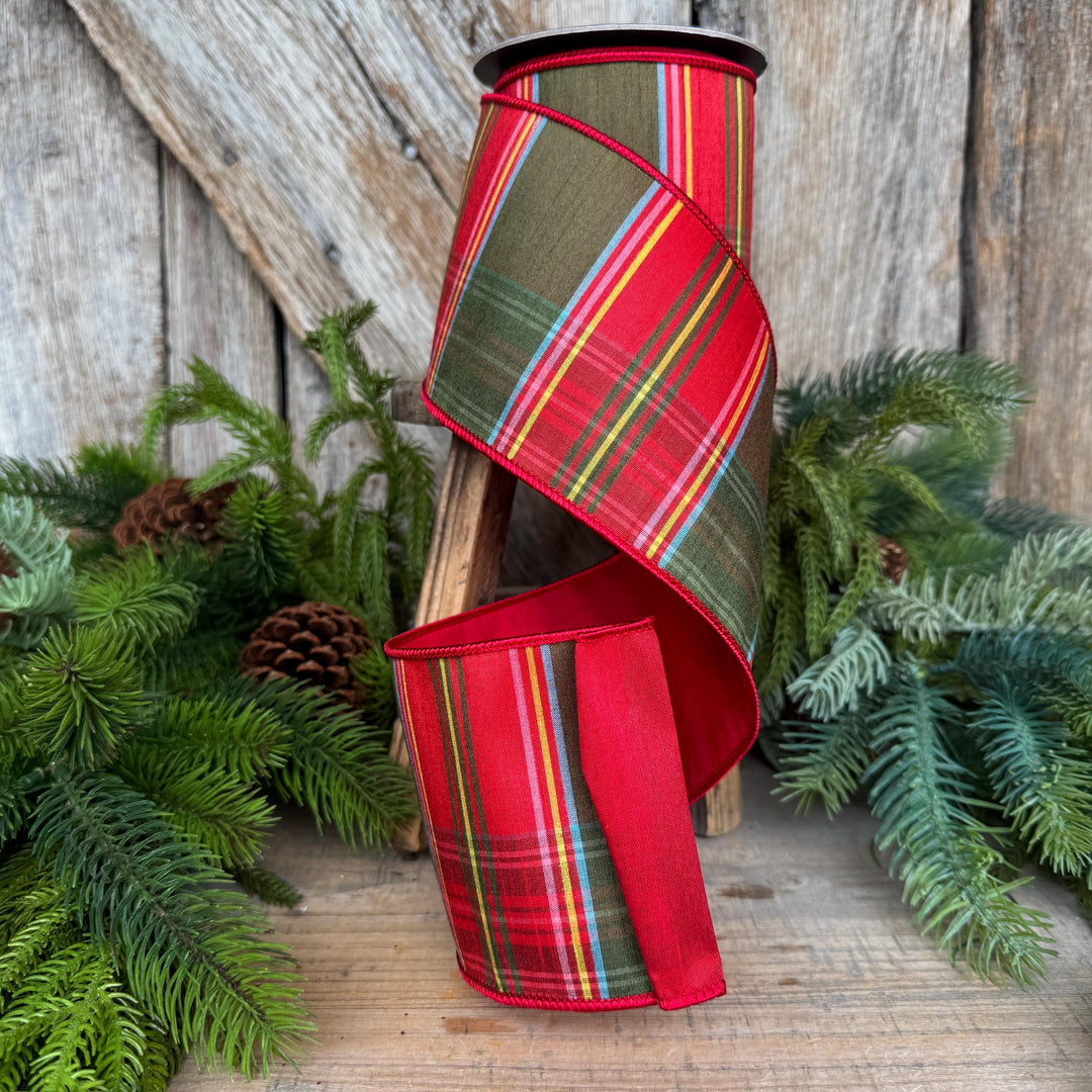 4" Traditional Christmas Plaid Ribbon, Wired Ribbon, Red Green Chirstmas Plaid RIbbon