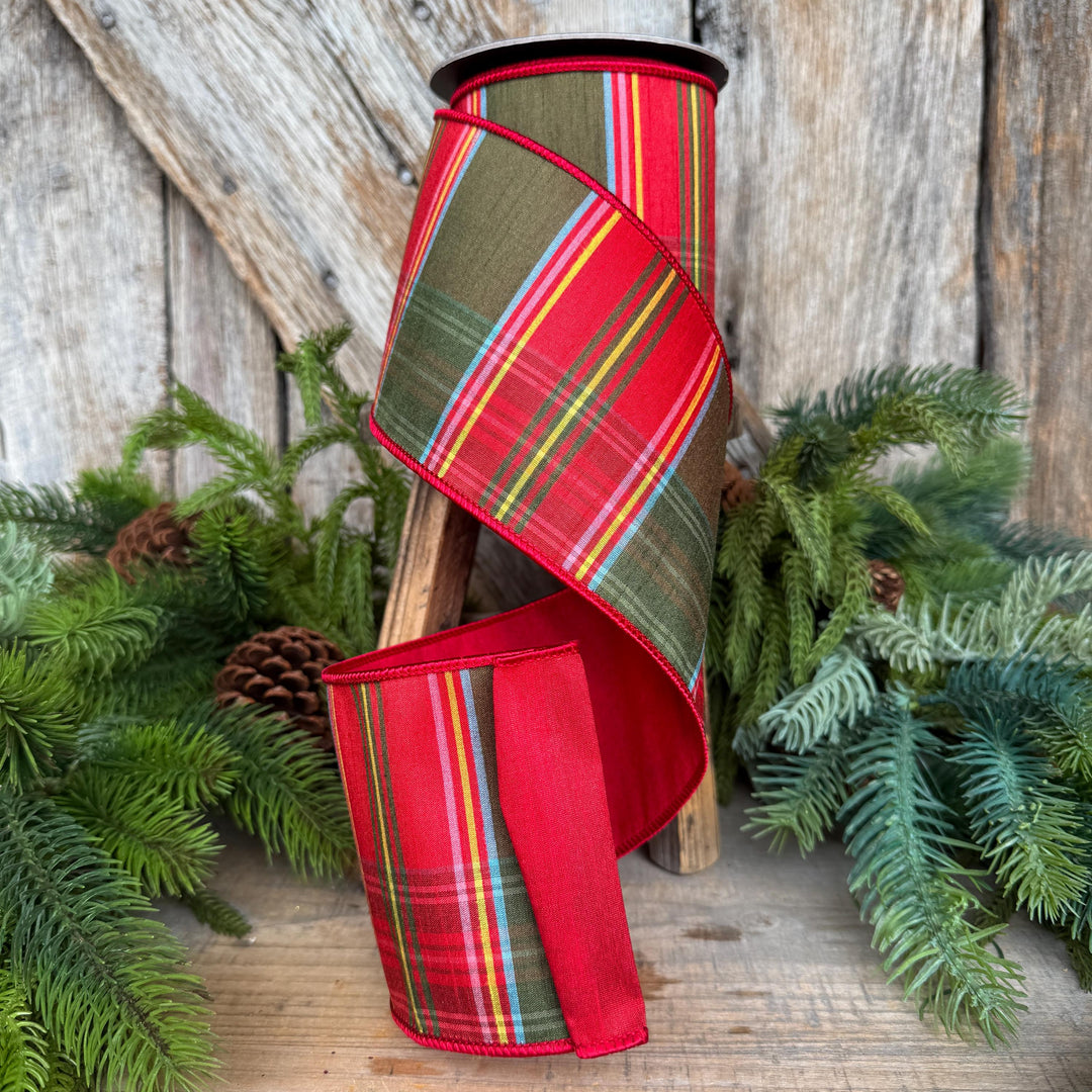 4" Traditional Christmas Plaid Ribbon, Wired Ribbon, Red Green Chirstmas Plaid RIbbon