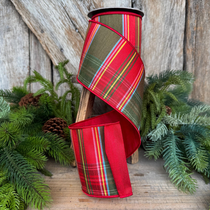 4" Traditional Christmas Plaid Ribbon, Wired Ribbon, Red Green Chirstmas Plaid RIbbon