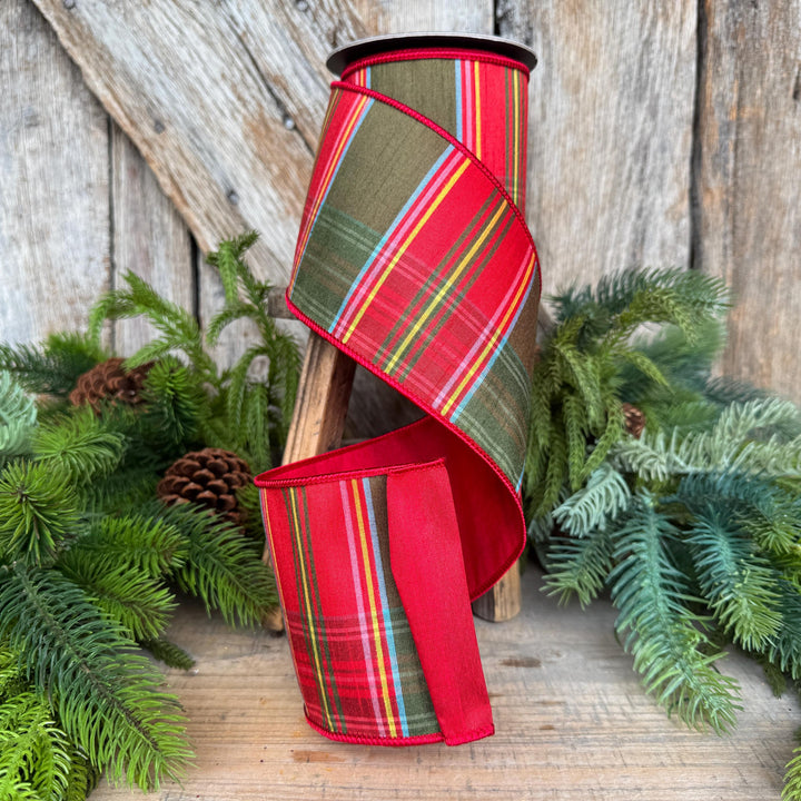 4" Traditional Christmas Plaid Ribbon, Wired Ribbon, Red Green Chirstmas Plaid RIbbon