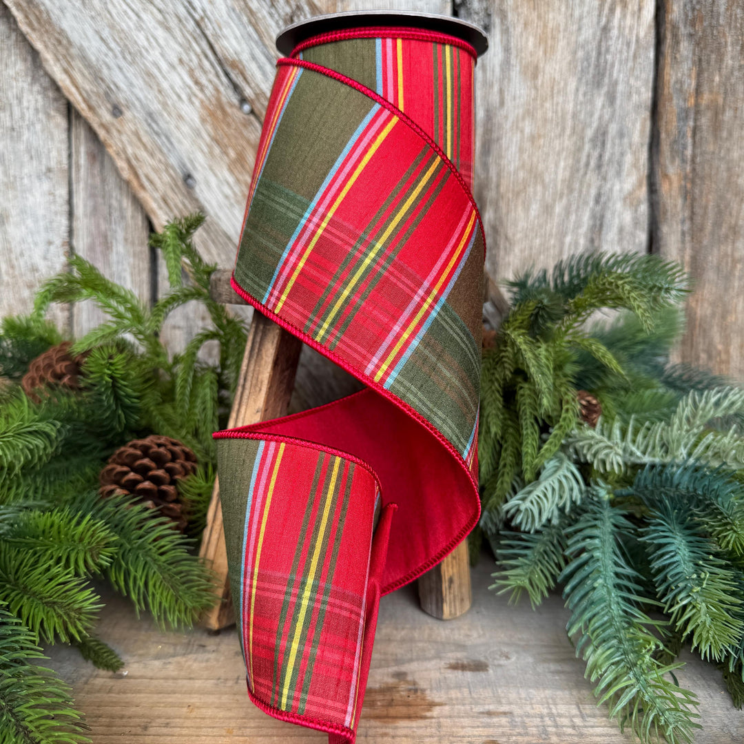4" Traditional Christmas Plaid Ribbon, Wired Ribbon, Red Green Chirstmas Plaid RIbbon