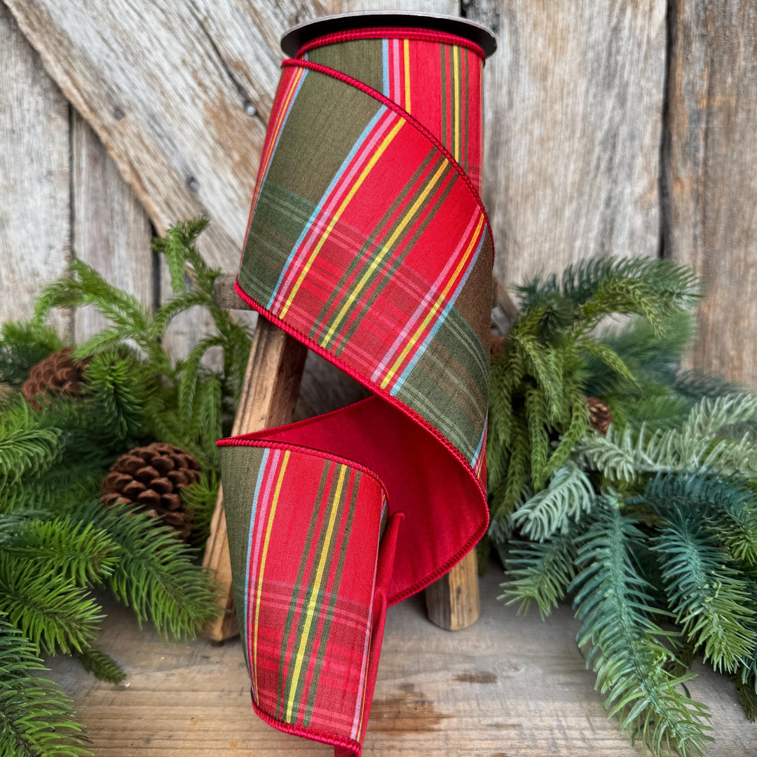 4" Traditional Christmas Plaid Ribbon, Wired Ribbon, Red Green Chirstmas Plaid RIbbon