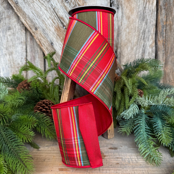 4" Traditional Christmas Plaid Ribbon, Wired Ribbon, Red Green Chirstmas Plaid RIbbon