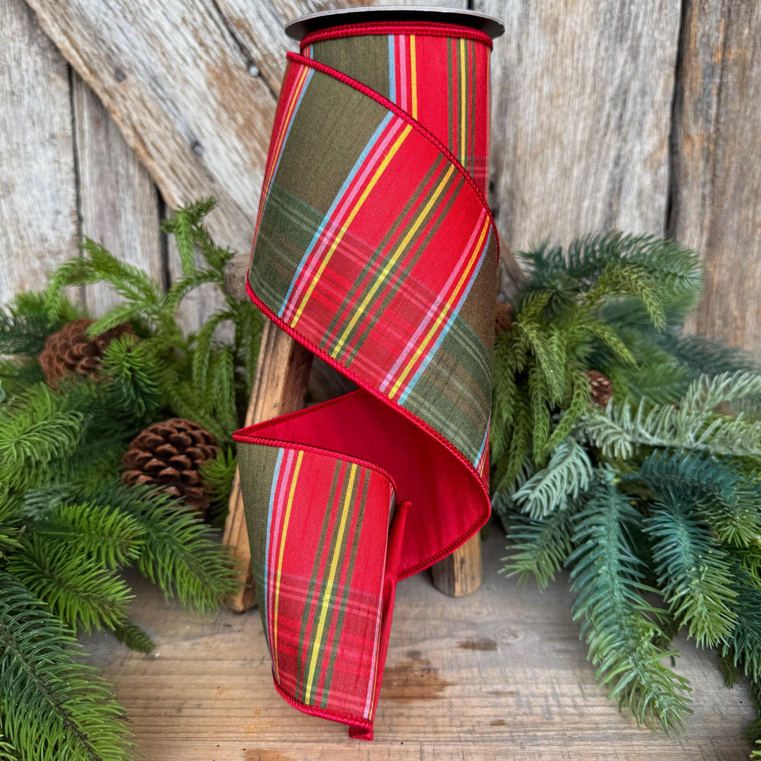 4" Traditional Christmas Plaid Ribbon, Wired Ribbon, Red Green Chirstmas Plaid RIbbon