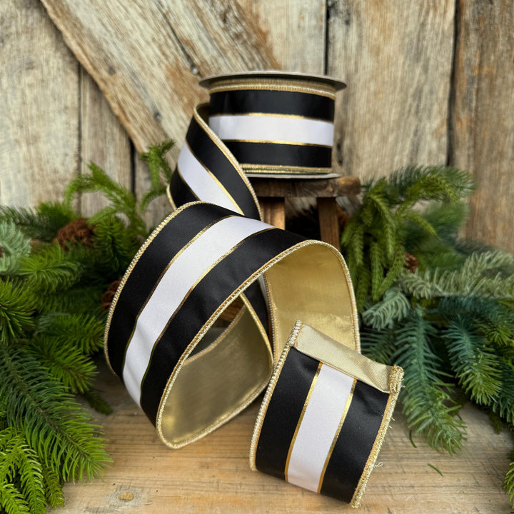 2.5" Black White Gold Stripe RIbbon
