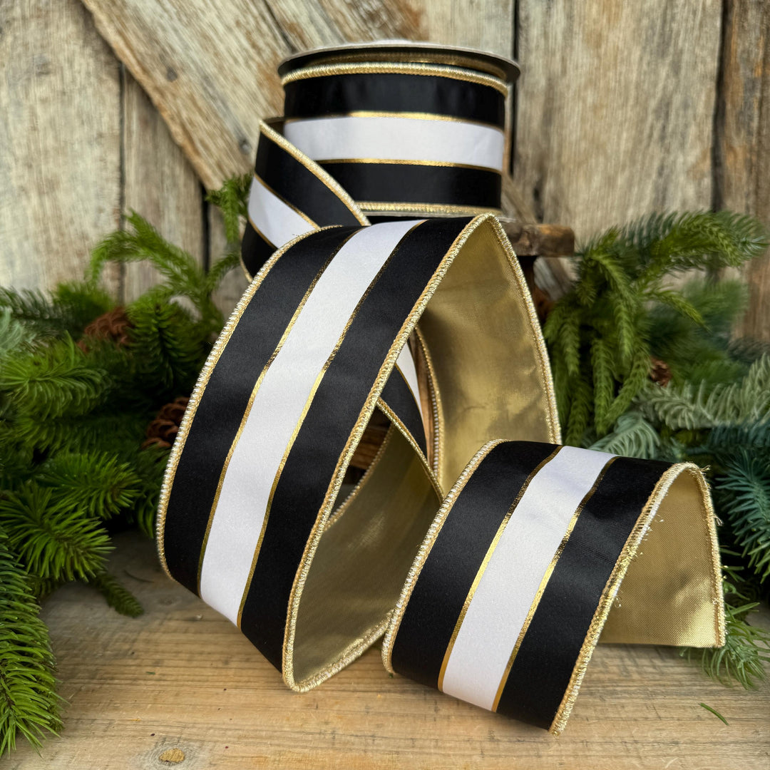 2.5" Black White Gold Stripe RIbbon