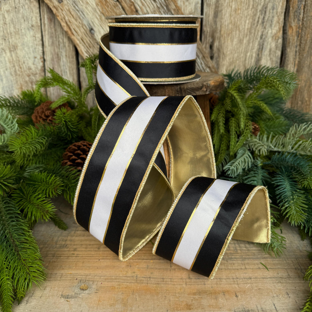 2.5" Black White Gold Stripe RIbbon