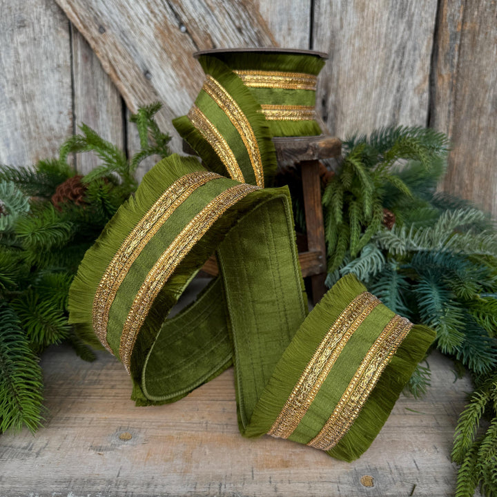 2.5" Moss Green Fringe Ribbon, Fall Ribbon, Christmas Ribbon