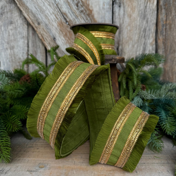 2.5" Moss Green Fringe Ribbon, Fall Ribbon, Christmas Ribbon