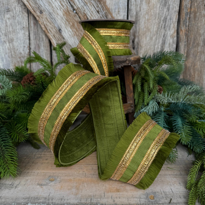 2.5" Moss Green Fringe Ribbon, Fall Ribbon, Christmas Ribbon