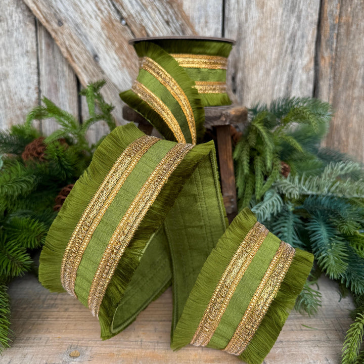 2.5" Moss Green Fringe Ribbon, Fall Ribbon, Christmas Ribbon