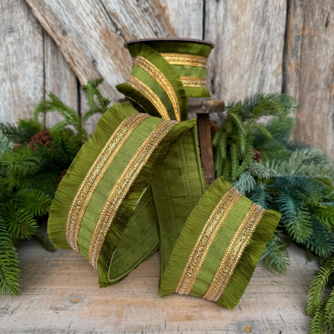2.5" Moss Green Fringe Ribbon, Fall Ribbon, Christmas Ribbon