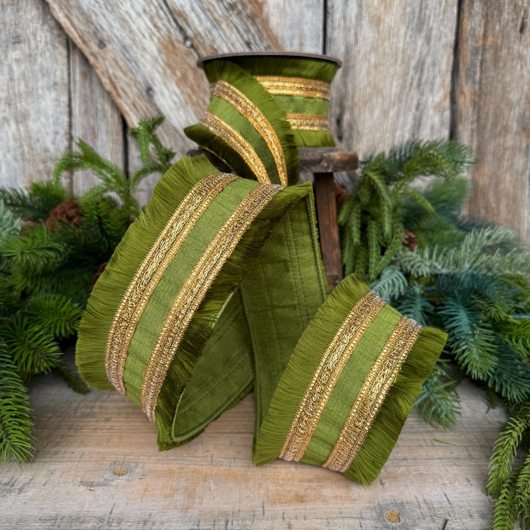 2.5" Moss Green Fringe Ribbon, Fall Ribbon, Christmas Ribbon