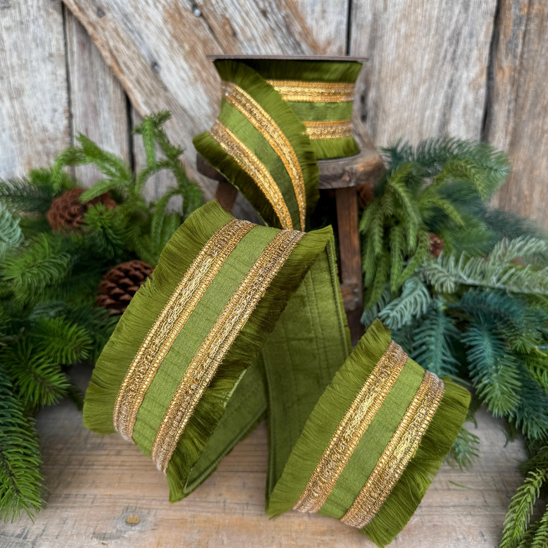 2.5" Moss Green Fringe Ribbon, Fall Ribbon, Christmas Ribbon