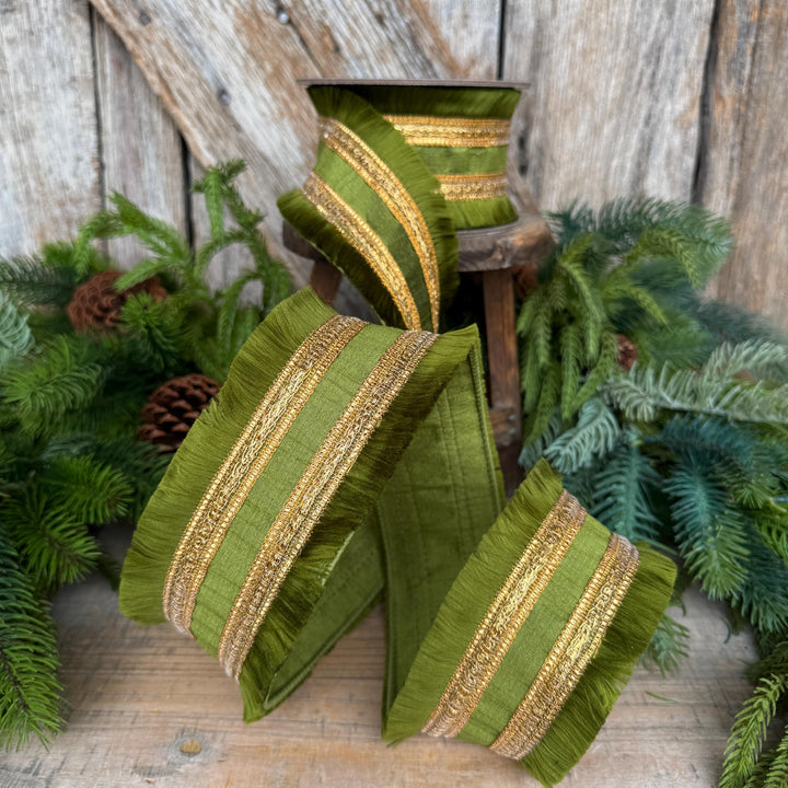2.5" Moss Green Fringe Ribbon, Fall Ribbon, Christmas Ribbon