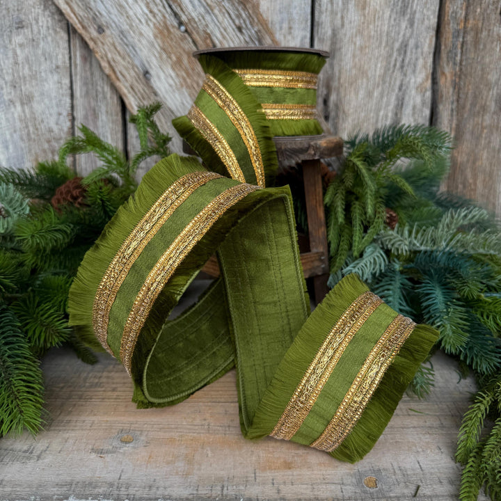 2.5" Moss Green Fringe Ribbon, Fall Ribbon, Christmas Ribbon