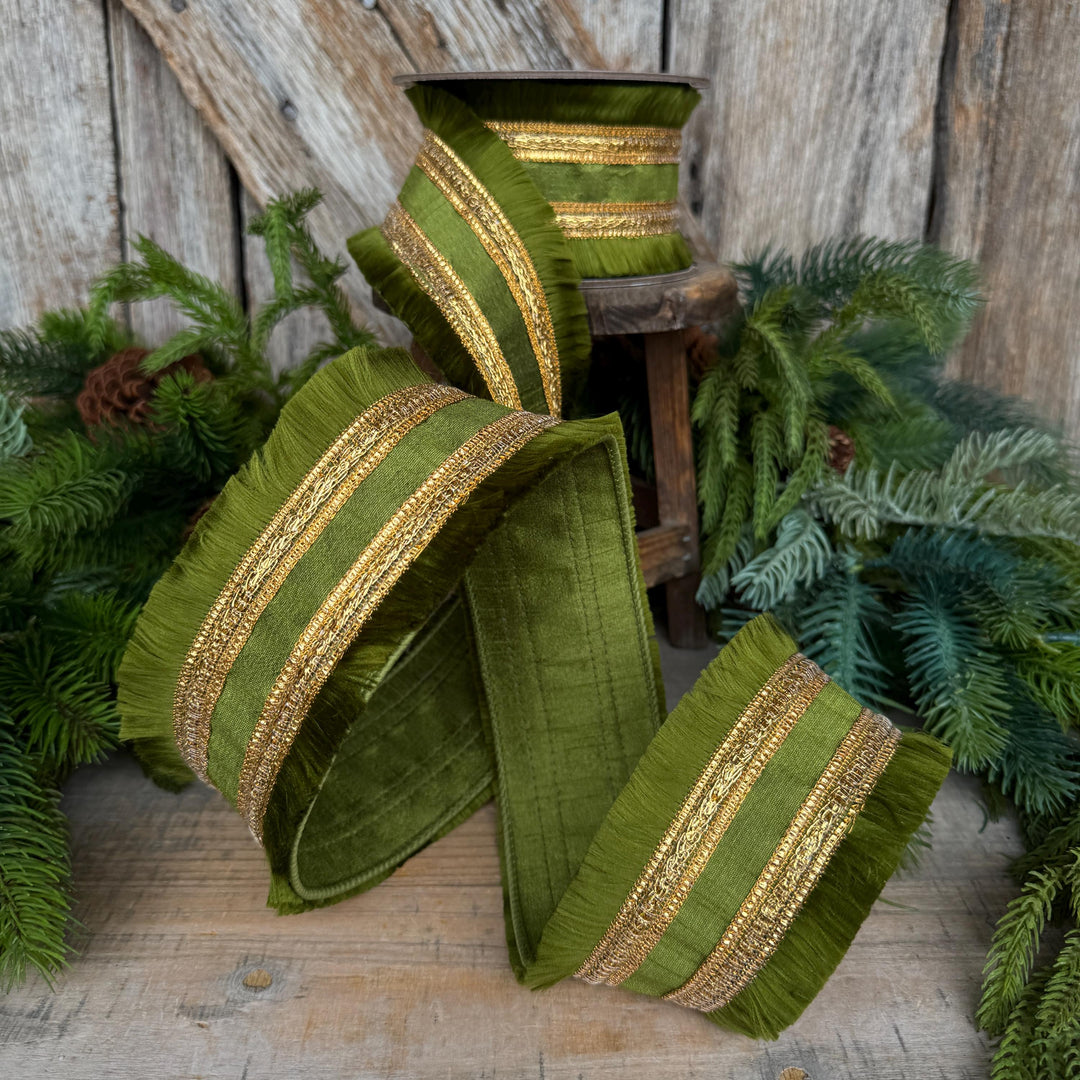 2.5" Moss Green Fringe Ribbon, Fall Ribbon, Christmas Ribbon
