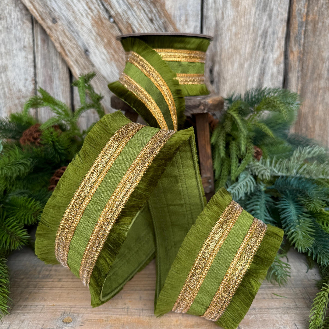 2.5" Moss Green Fringe Ribbon, Fall Ribbon, Christmas Ribbon