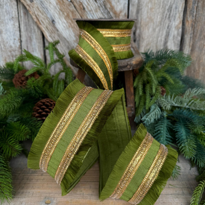 2.5" Moss Green Fringe Ribbon, Fall Ribbon, Christmas Ribbon