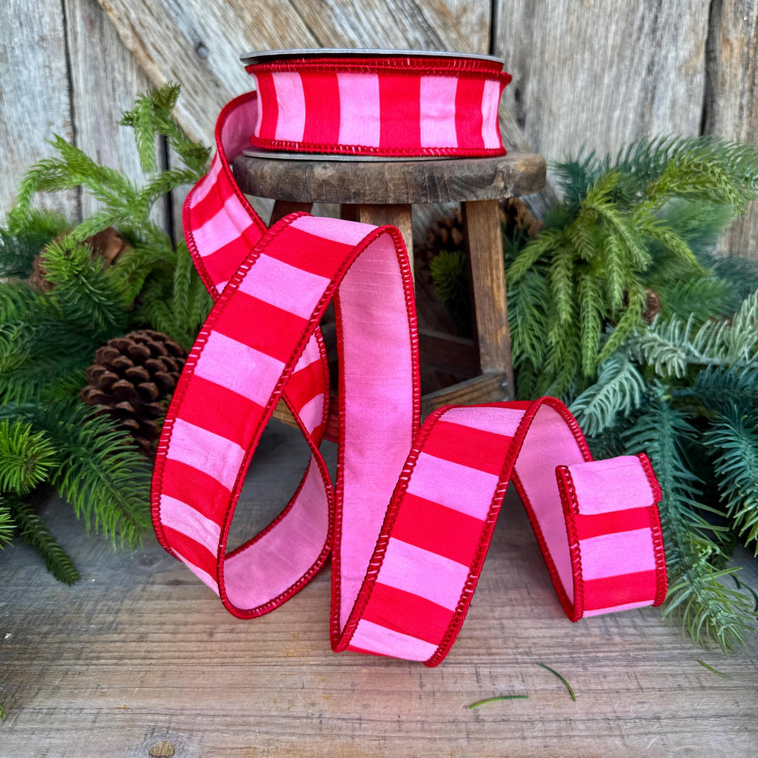1.5" Red &amp; Pink Stripe Ribbon, Christmas Ribbon