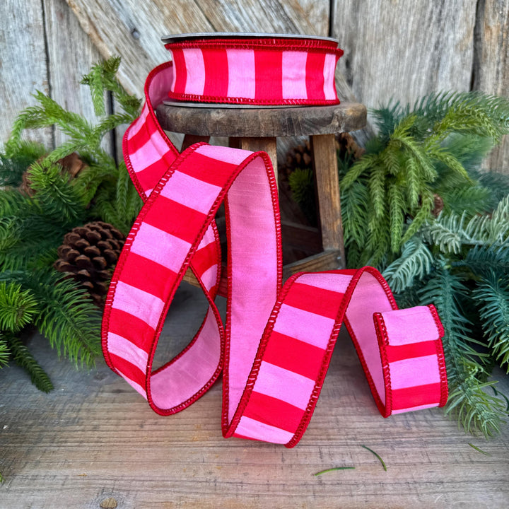 1.5" Red &amp; Pink Stripe Ribbon, Christmas Ribbon