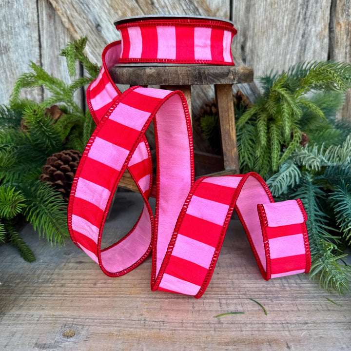 1.5" Red &amp; Pink Stripe Ribbon, Christmas Ribbon