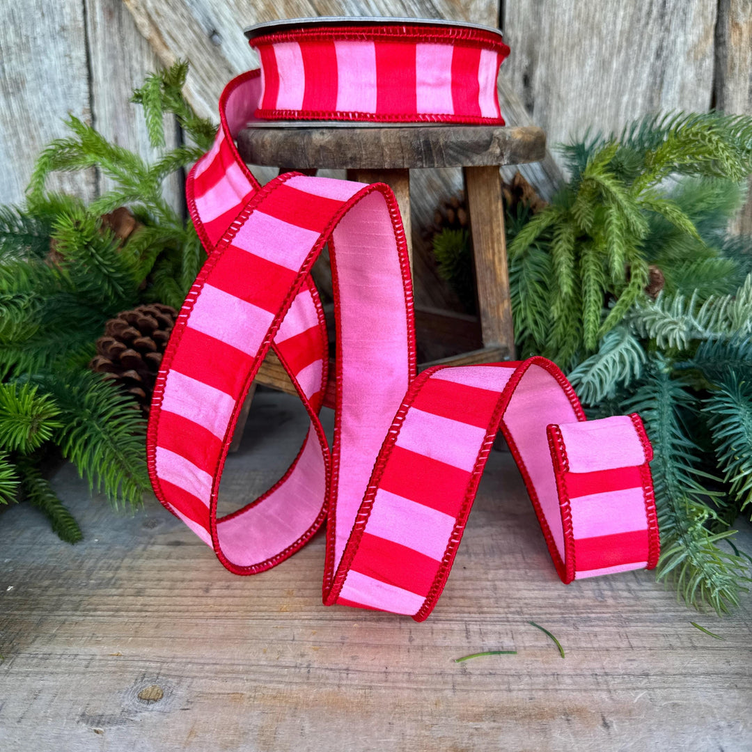 1.5" Red &amp; Pink Stripe Ribbon, Christmas Ribbon