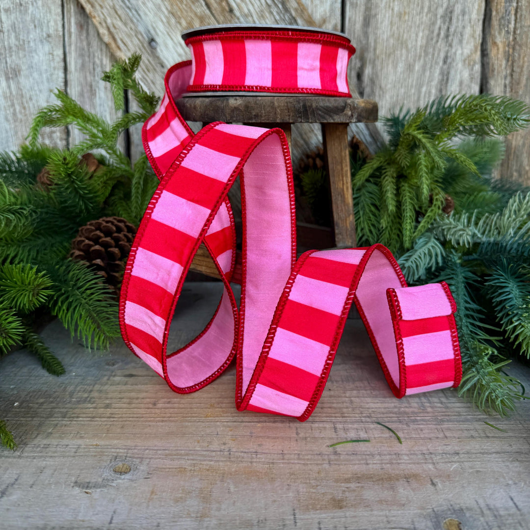 1.5" Red &amp; Pink Stripe Ribbon, Christmas Ribbon