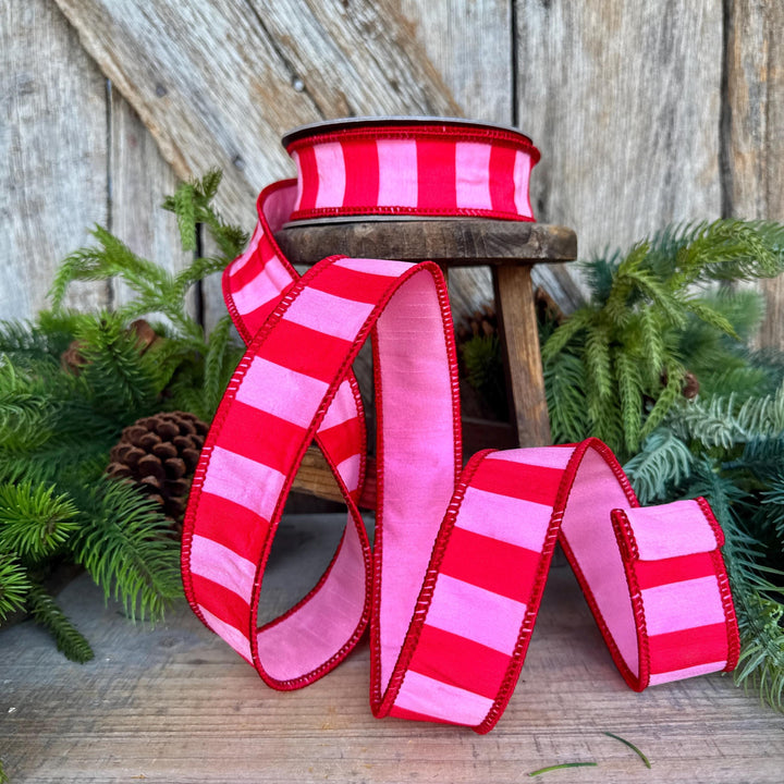 1.5" Red &amp; Pink Stripe Ribbon, Christmas Ribbon
